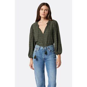 SOFT JOIE Collet Dark Green Cotton Puff Sleeve Tassel Peasant Blouse, Size XS